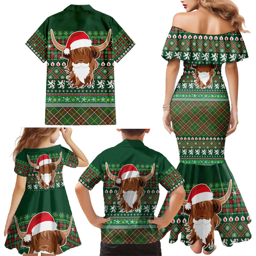 Scottish Christmas Family Matching Mermaid Dress and Hawaiian Shirt Highland Cattle-Xmas Tartan Stripes Style Green Color - Wonder Print Shop