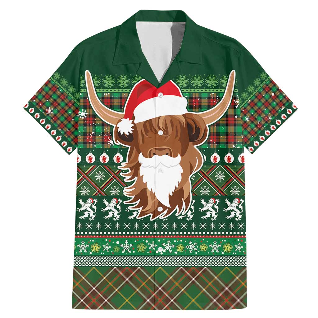 Scottish Christmas Family Matching Mermaid Dress and Hawaiian Shirt Highland Cattle-Xmas Tartan Stripes Style Green Color - Wonder Print Shop