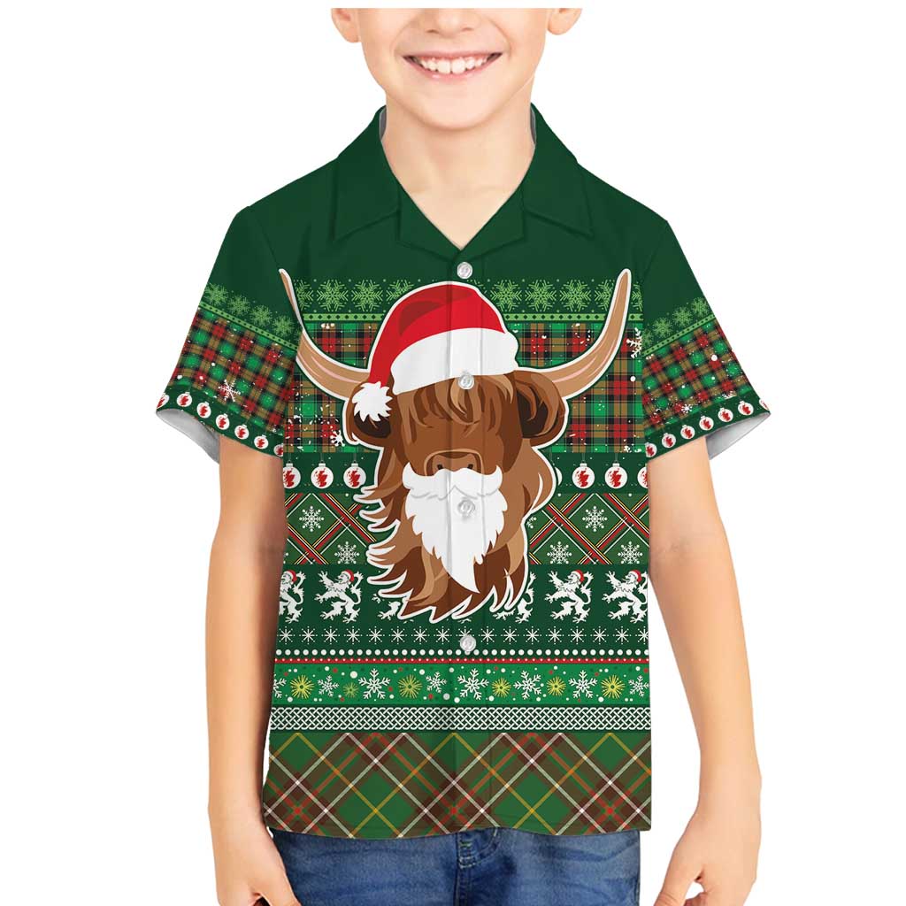 Scottish Christmas Family Matching Mermaid Dress and Hawaiian Shirt Highland Cattle-Xmas Tartan Stripes Style Green Color - Wonder Print Shop