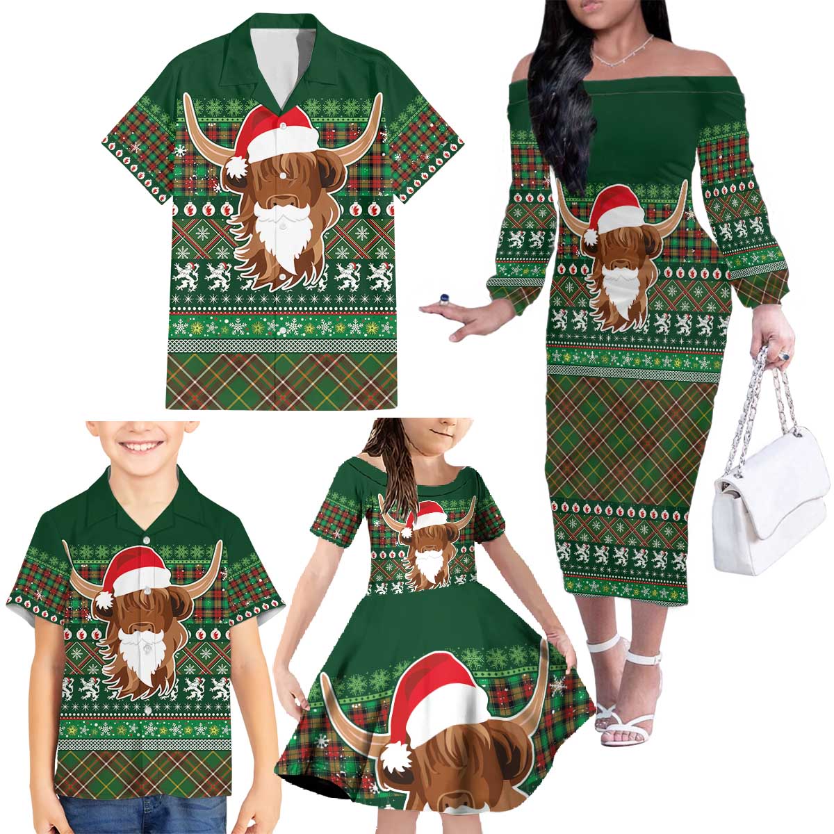Scottish Christmas Family Matching Off The Shoulder Long Sleeve Dress and Hawaiian Shirt Highland Cattle-Xmas Tartan Stripes Style Green Color - Wonder Print Shop