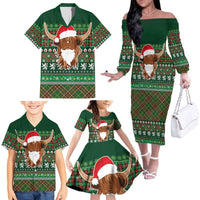 Scottish Christmas Family Matching Off The Shoulder Long Sleeve Dress and Hawaiian Shirt Highland Cattle-Xmas Tartan Stripes Style Green Color - Wonder Print Shop
