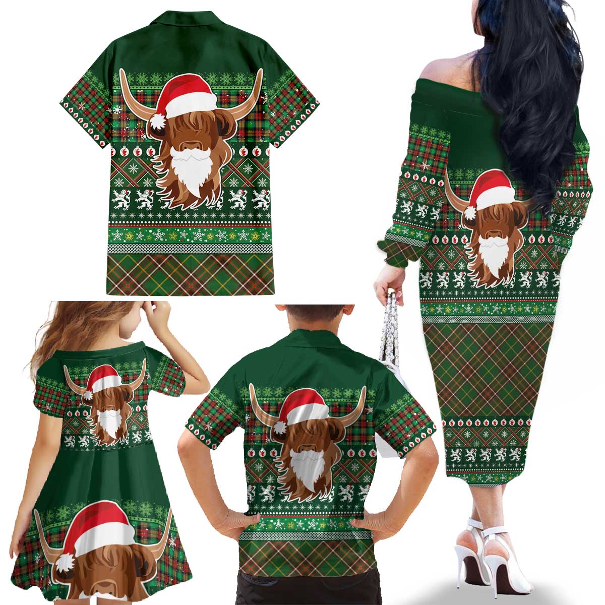 Scottish Christmas Family Matching Off The Shoulder Long Sleeve Dress and Hawaiian Shirt Highland Cattle-Xmas Tartan Stripes Style Green Color - Wonder Print Shop