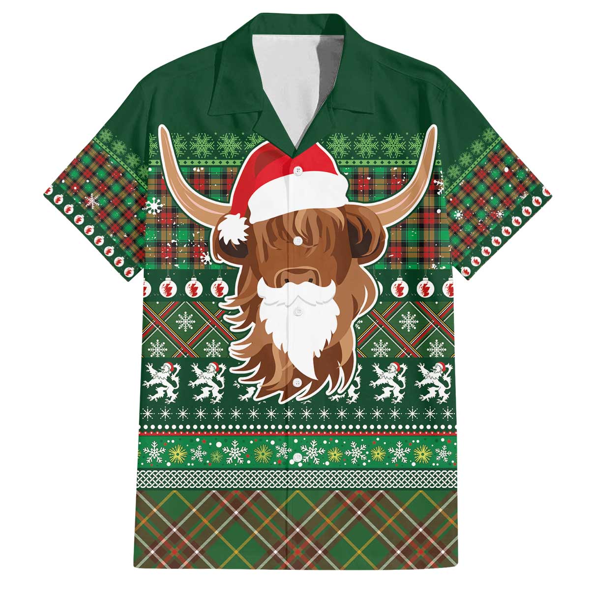 Scottish Christmas Family Matching Off The Shoulder Long Sleeve Dress and Hawaiian Shirt Highland Cattle-Xmas Tartan Stripes Style Green Color - Wonder Print Shop