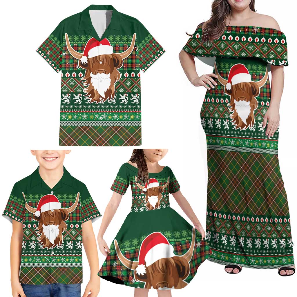 Scottish Christmas Family Matching Off Shoulder Maxi Dress and Hawaiian Shirt Highland Cattle-Xmas Tartan Stripes Style Green Color - Wonder Print Shop