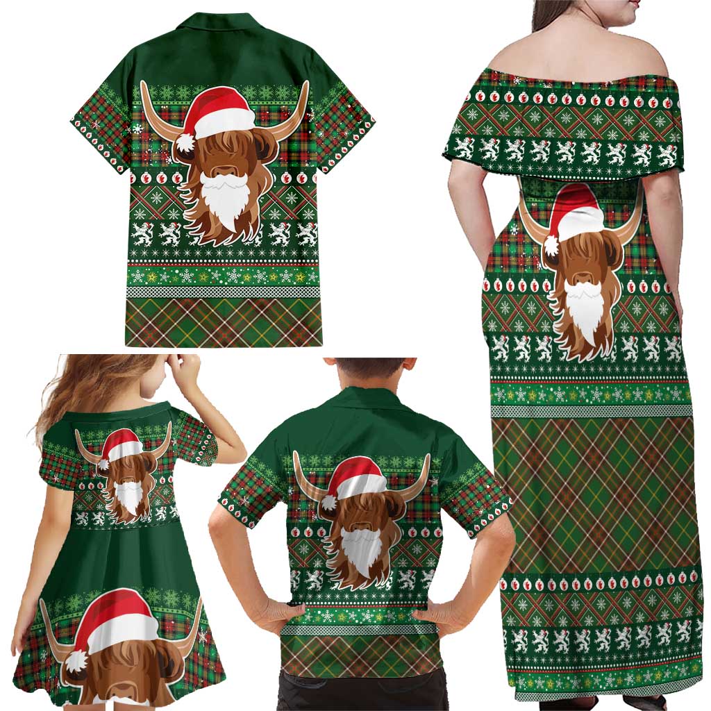 Scottish Christmas Family Matching Off Shoulder Maxi Dress and Hawaiian Shirt Highland Cattle-Xmas Tartan Stripes Style Green Color - Wonder Print Shop