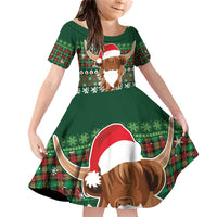 Scottish Christmas Family Matching Off Shoulder Short Dress and Hawaiian Shirt Highland Cattle-Xmas Tartan Stripes Style Green Color - Wonder Print Shop