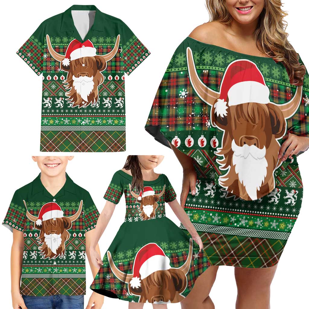 Scottish Christmas Family Matching Off Shoulder Short Dress and Hawaiian Shirt Highland Cattle-Xmas Tartan Stripes Style Green Color - Wonder Print Shop