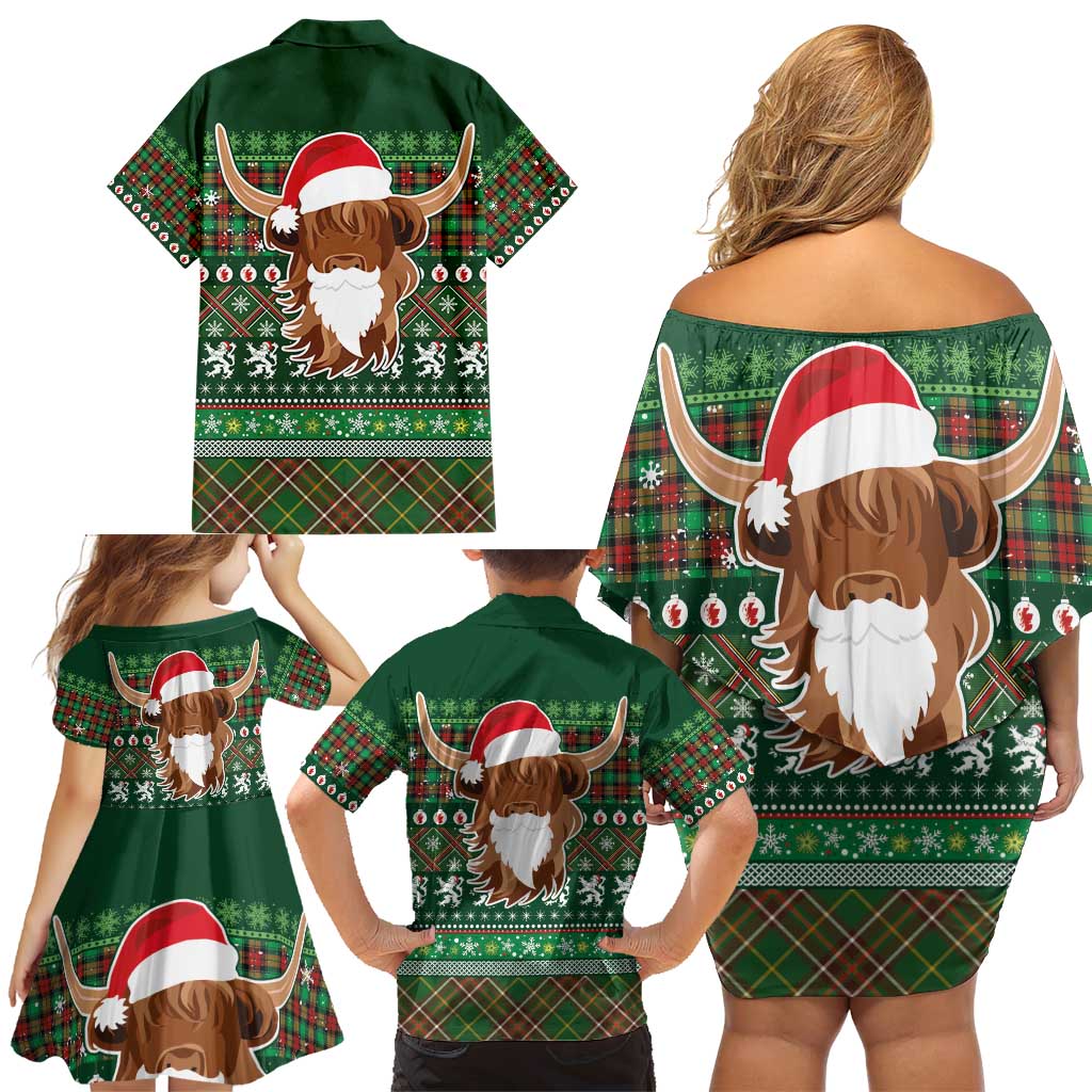Scottish Christmas Family Matching Off Shoulder Short Dress and Hawaiian Shirt Highland Cattle-Xmas Tartan Stripes Style Green Color - Wonder Print Shop