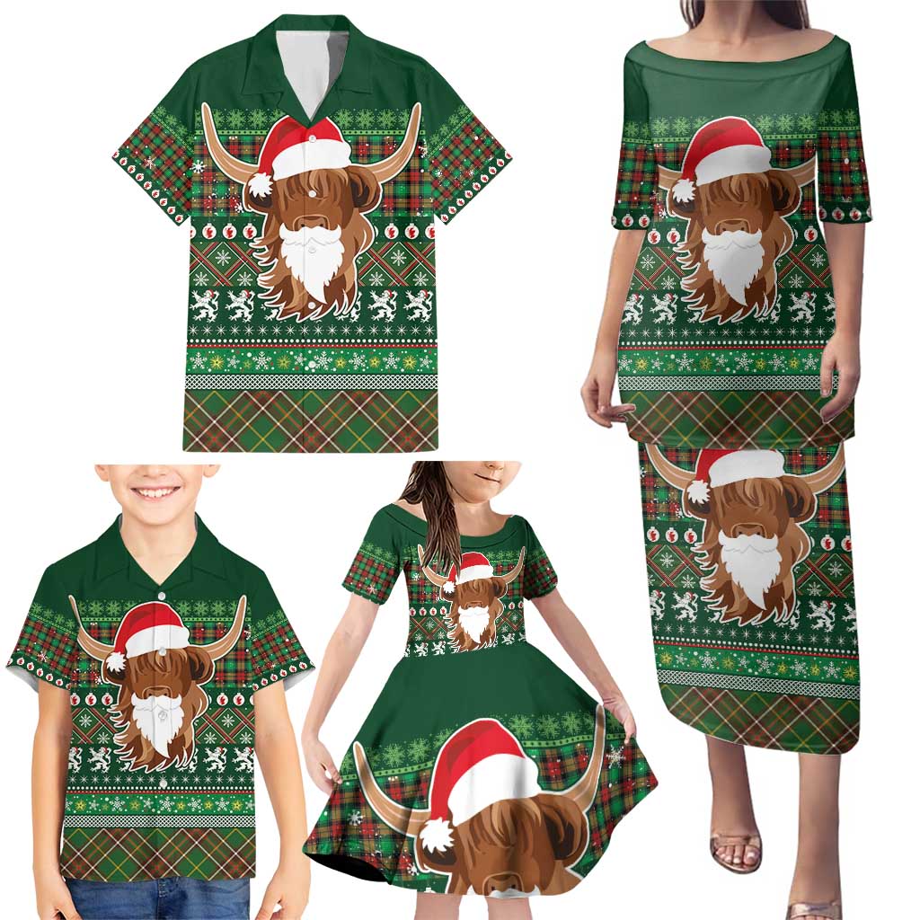 Scottish Christmas Family Matching Puletasi and Hawaiian Shirt Highland Cattle-Xmas Tartan Stripes Style Green Color - Wonder Print Shop
