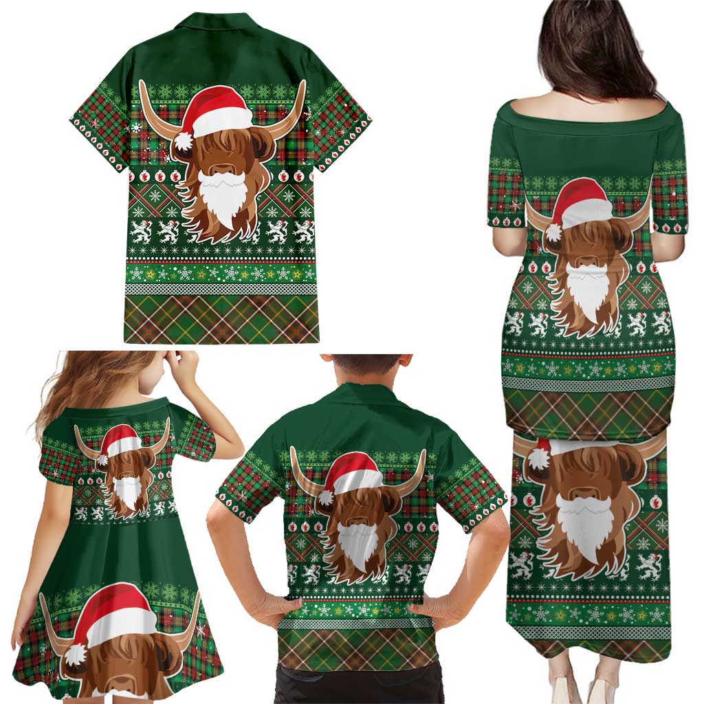 Scottish Christmas Family Matching Puletasi and Hawaiian Shirt Highland Cattle-Xmas Tartan Stripes Style Green Color - Wonder Print Shop