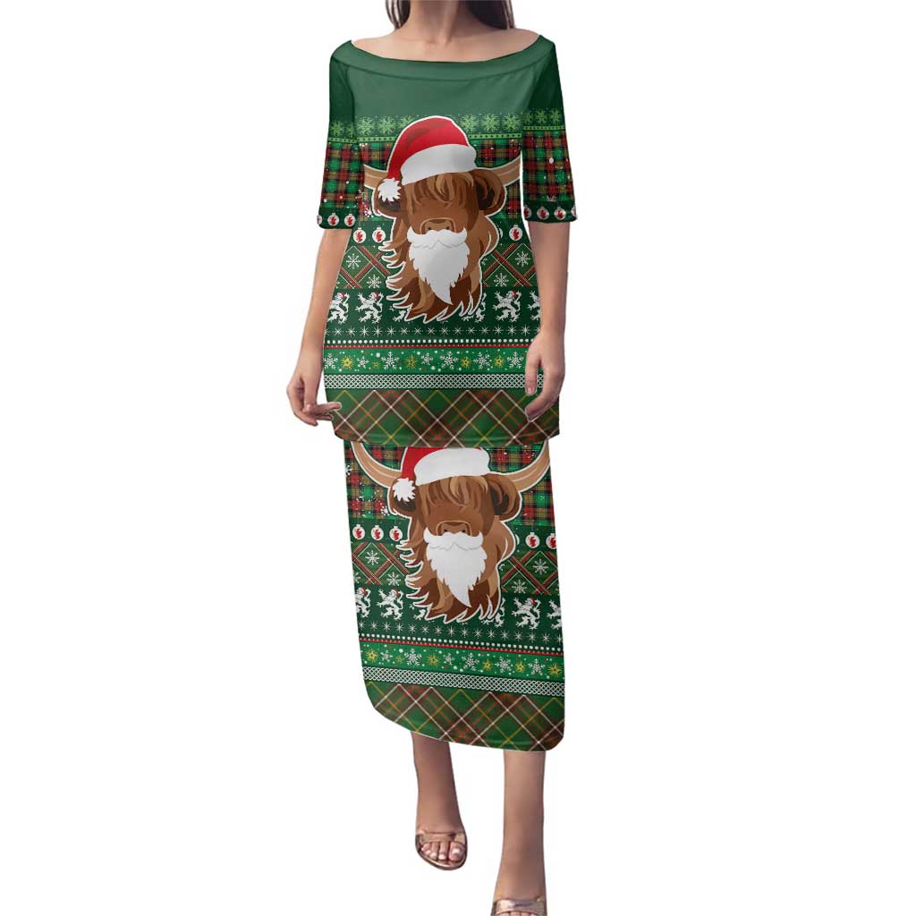 Scottish Christmas Family Matching Puletasi and Hawaiian Shirt Highland Cattle-Xmas Tartan Stripes Style Green Color - Wonder Print Shop