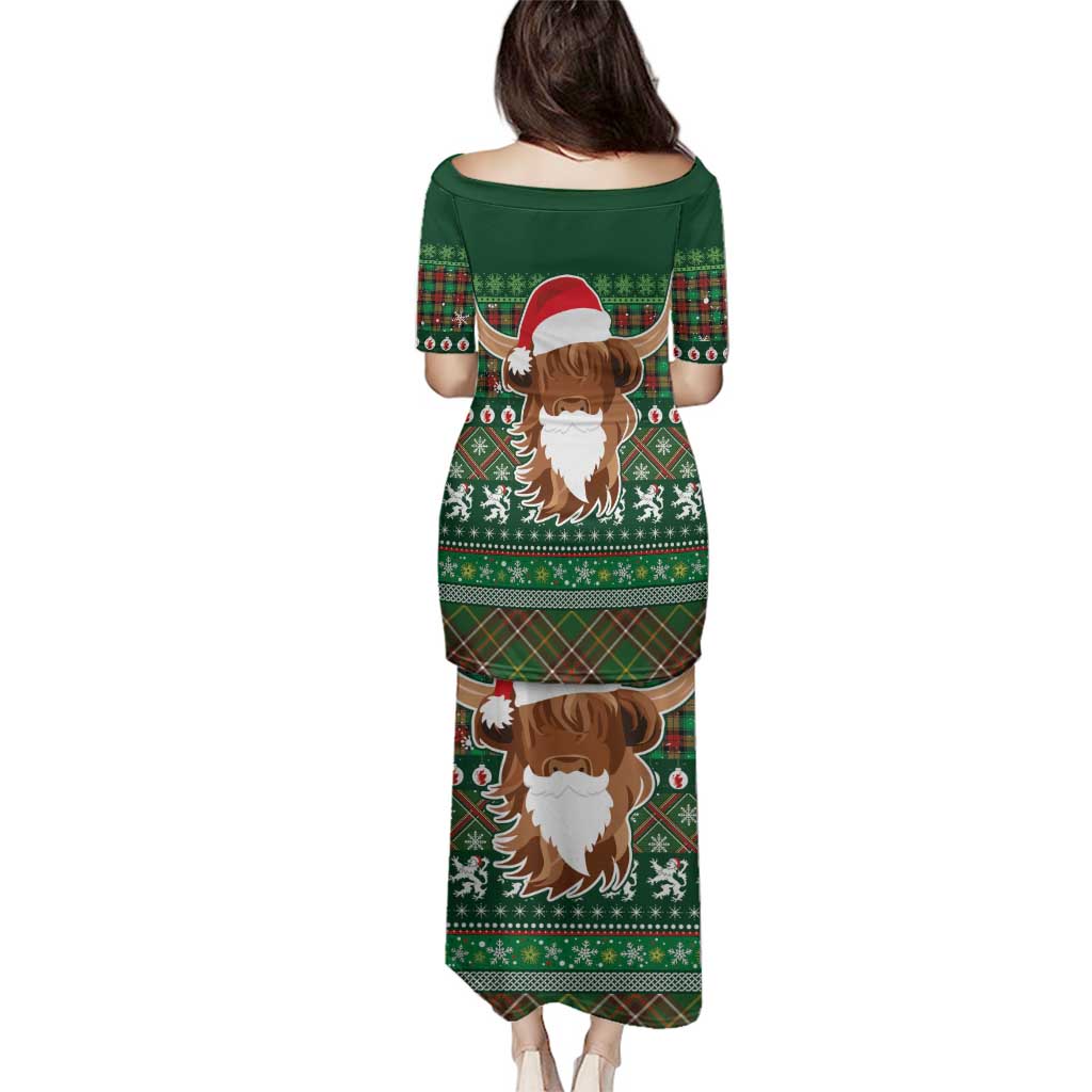 Scottish Christmas Family Matching Puletasi and Hawaiian Shirt Highland Cattle-Xmas Tartan Stripes Style Green Color - Wonder Print Shop