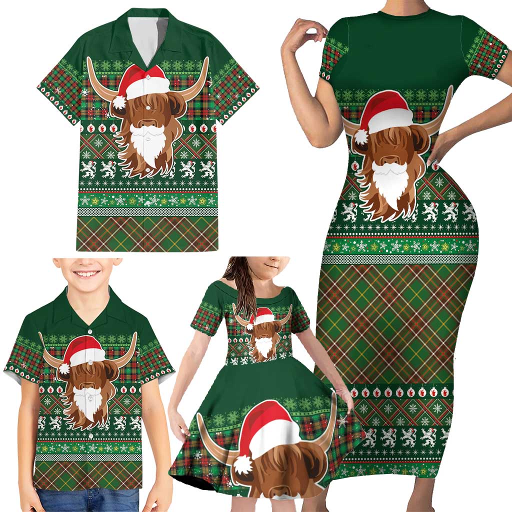 Scottish Christmas Family Matching Short Sleeve Bodycon Dress and Hawaiian Shirt Highland Cattle-Xmas Tartan Stripes Style Green Color - Wonder Print Shop