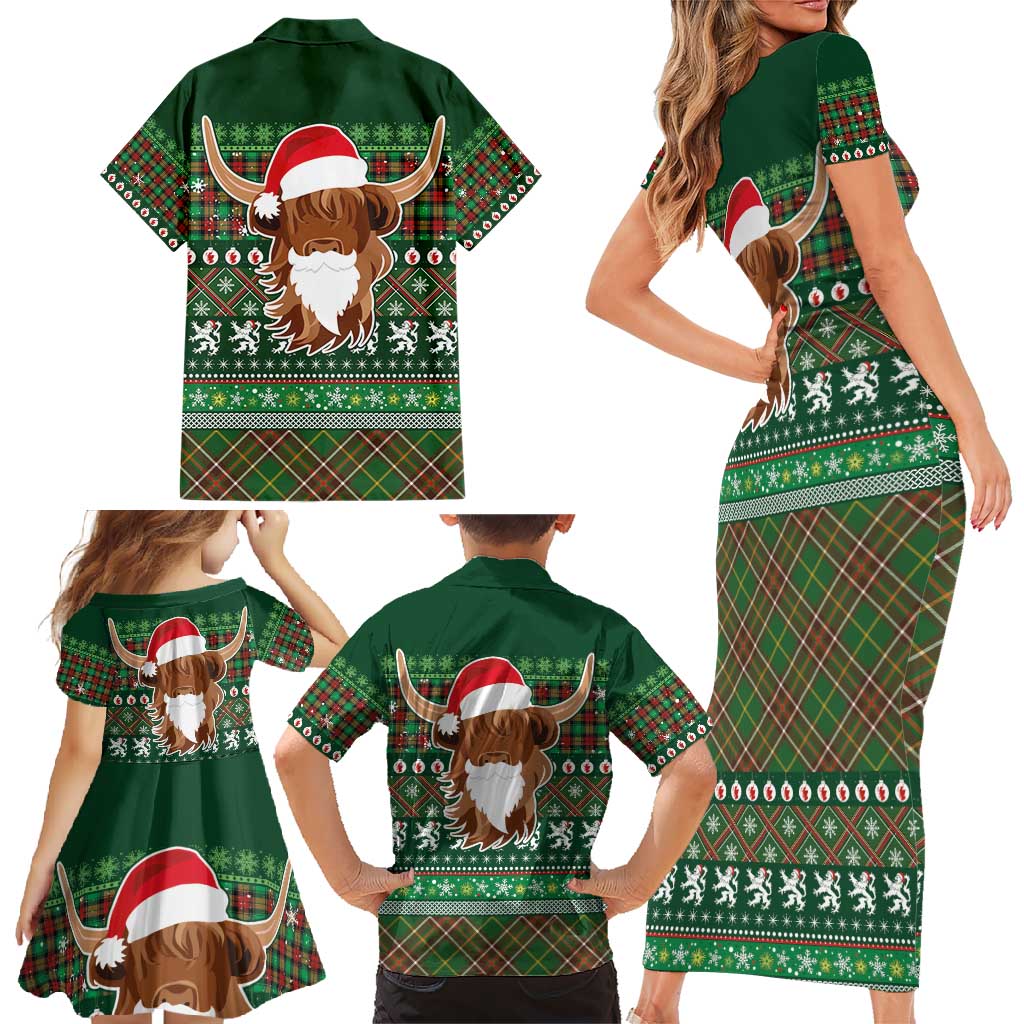 Scottish Christmas Family Matching Short Sleeve Bodycon Dress and Hawaiian Shirt Highland Cattle-Xmas Tartan Stripes Style Green Color - Wonder Print Shop