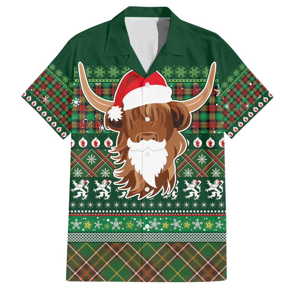 Scottish Christmas Family Matching Short Sleeve Bodycon Dress and Hawaiian Shirt Highland Cattle-Xmas Tartan Stripes Style Green Color - Wonder Print Shop