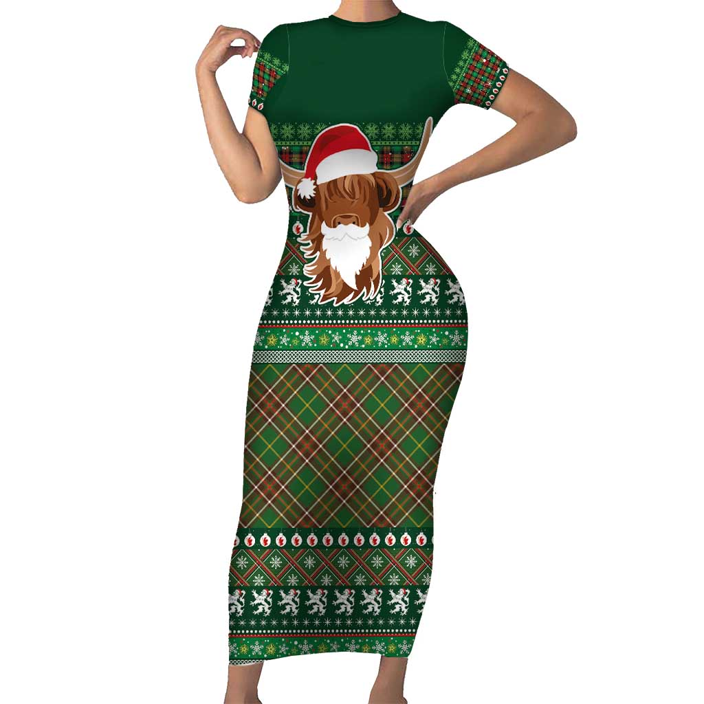 Scottish Christmas Family Matching Short Sleeve Bodycon Dress and Hawaiian Shirt Highland Cattle-Xmas Tartan Stripes Style Green Color - Wonder Print Shop