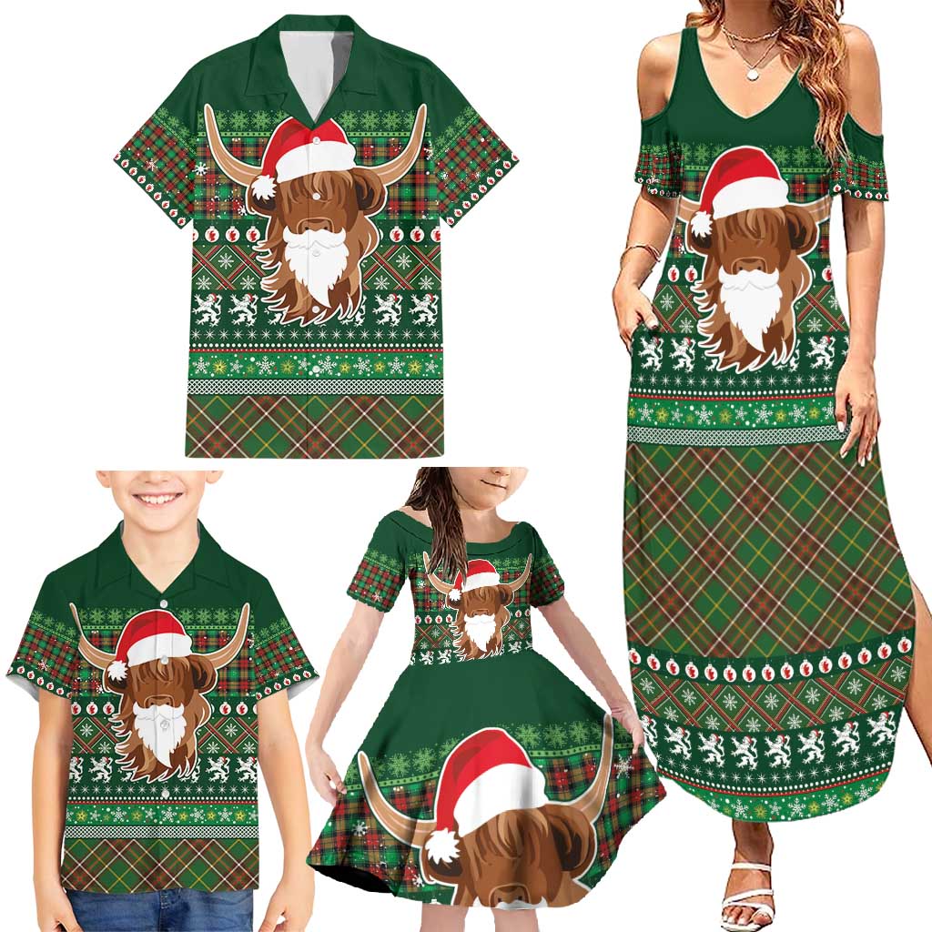 Scottish Christmas Family Matching Summer Maxi Dress and Hawaiian Shirt Highland Cattle-Xmas Tartan Stripes Style Green Color - Wonder Print Shop