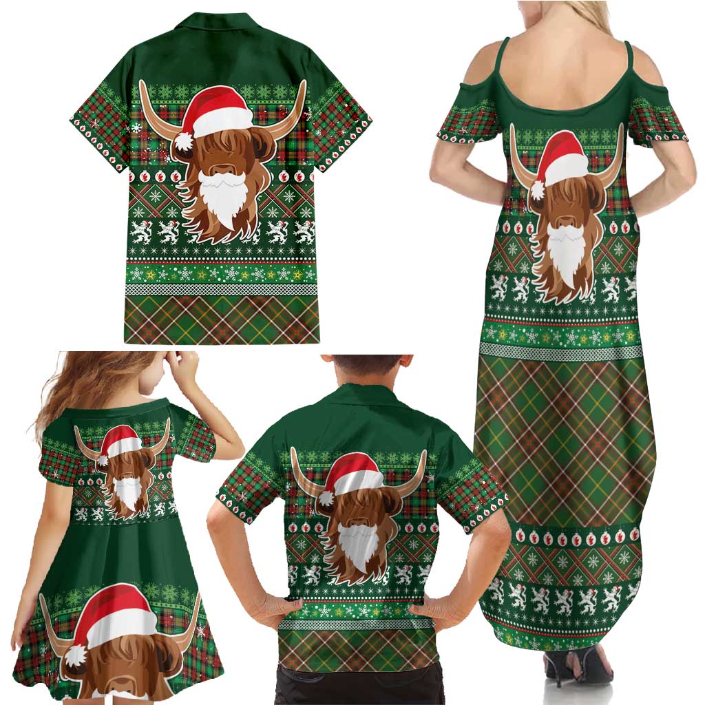 Scottish Christmas Family Matching Summer Maxi Dress and Hawaiian Shirt Highland Cattle-Xmas Tartan Stripes Style Green Color - Wonder Print Shop