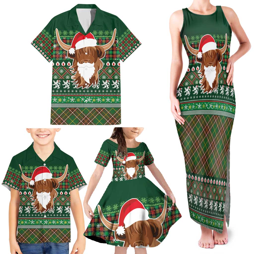 Scottish Christmas Family Matching Tank Maxi Dress and Hawaiian Shirt Highland Cattle-Xmas Tartan Stripes Style Green Color - Wonder Print Shop