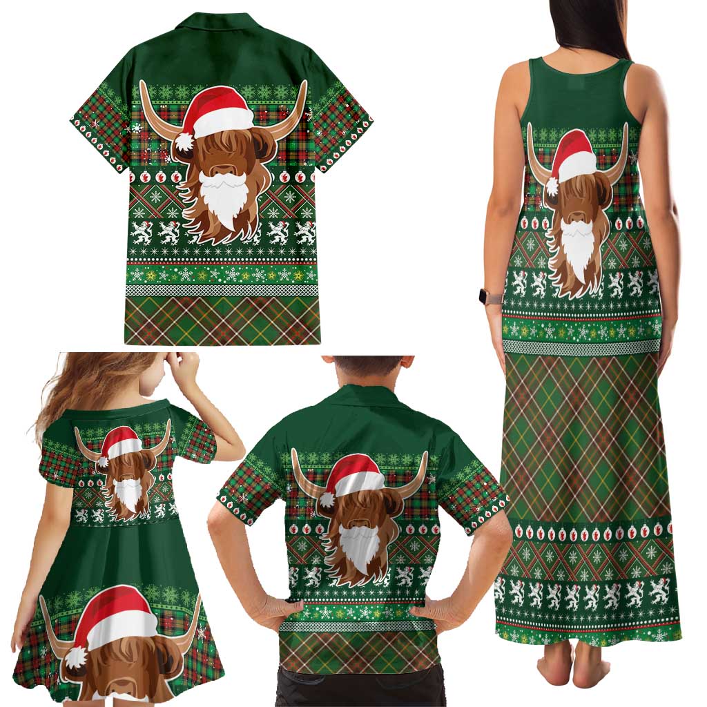 Scottish Christmas Family Matching Tank Maxi Dress and Hawaiian Shirt Highland Cattle-Xmas Tartan Stripes Style Green Color - Wonder Print Shop
