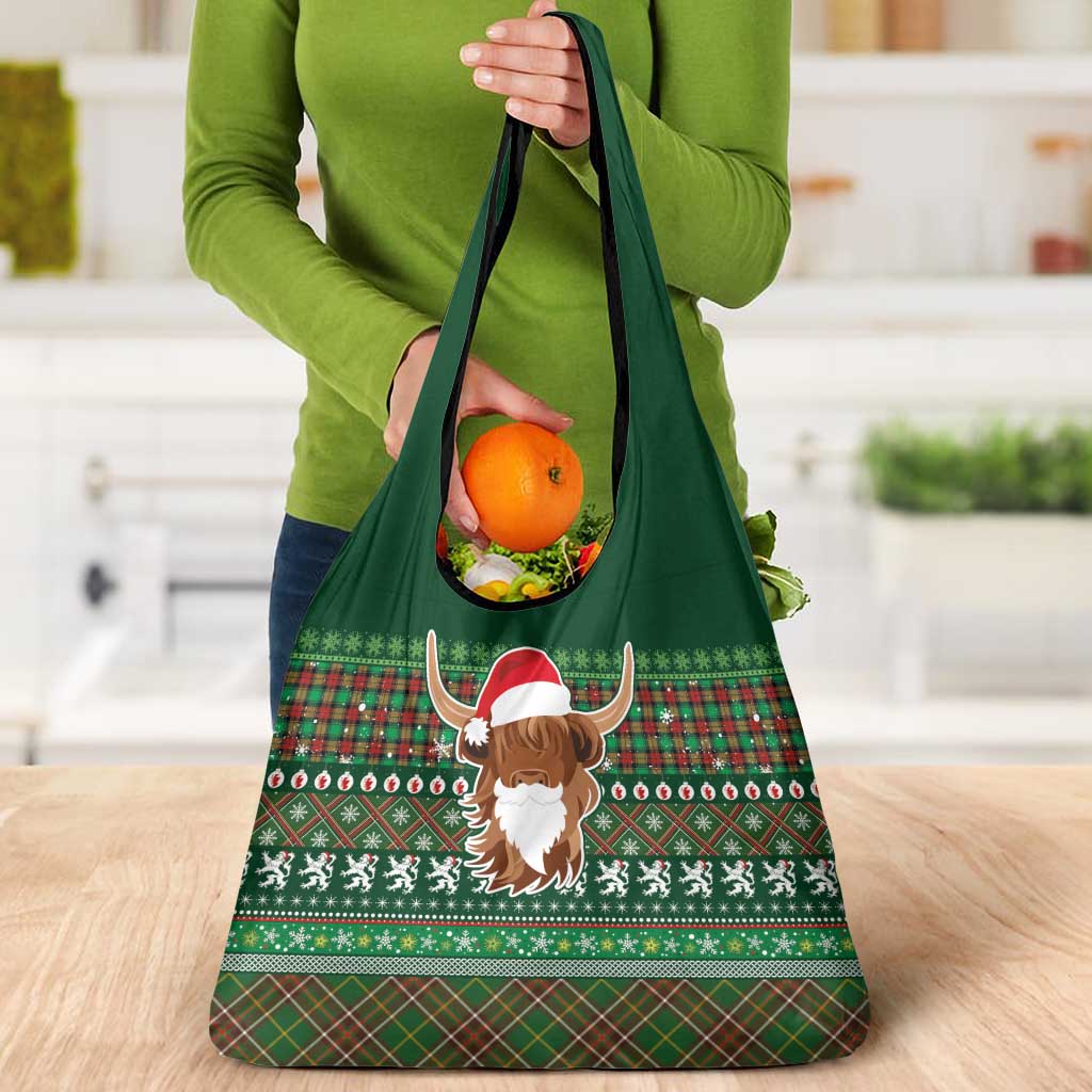 Scottish Christmas Grocery Bag Highland Cattle-Xmas Tartan Stripes Style Green Color - Wonder Print Shop