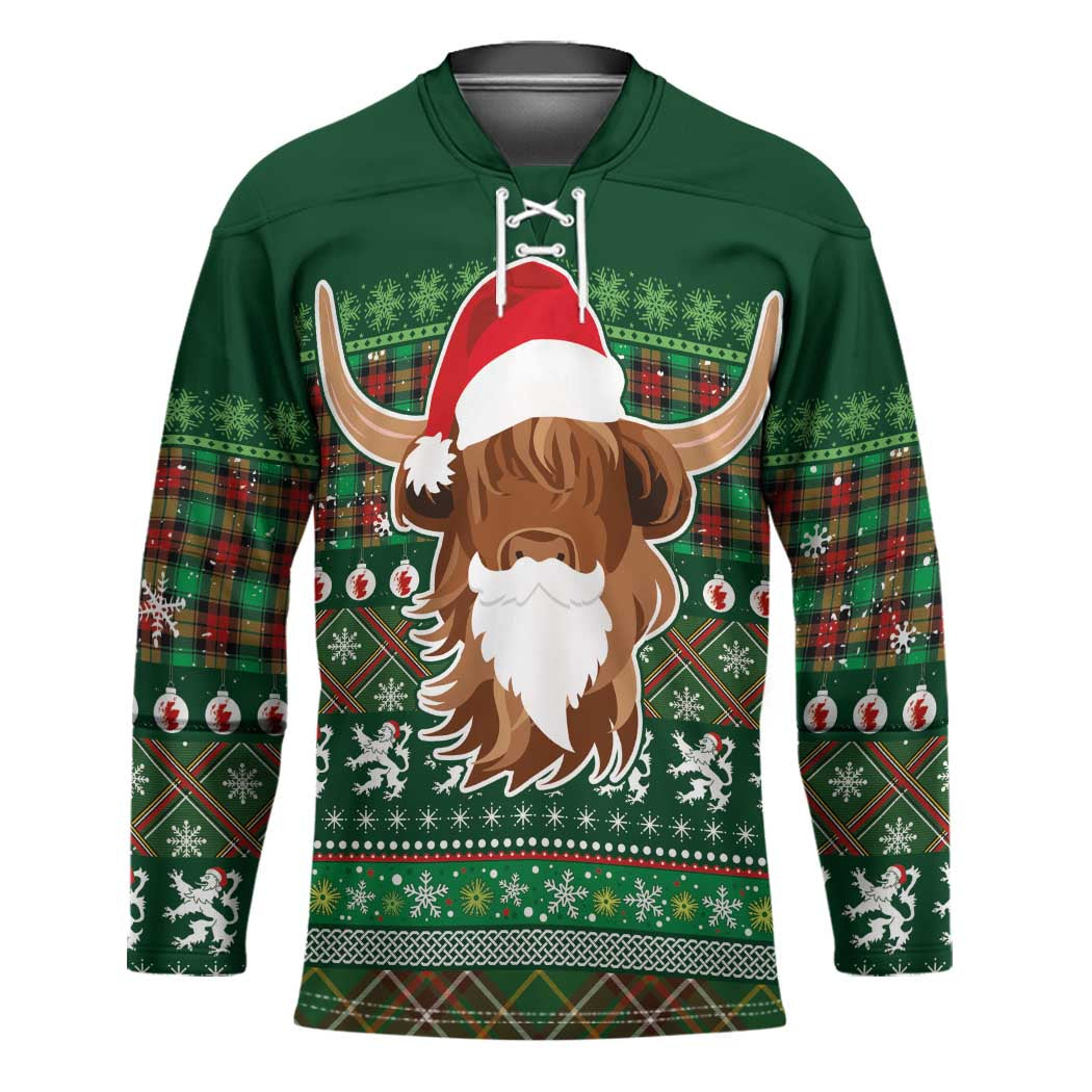 Scottish Christmas Hockey Jersey Highland Cattle-Xmas Tartan Stripes Style Green Color - Wonder Print Shop