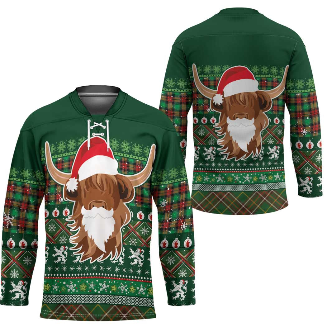 Scottish Christmas Hockey Jersey Highland Cattle-Xmas Tartan Stripes Style Green Color - Wonder Print Shop
