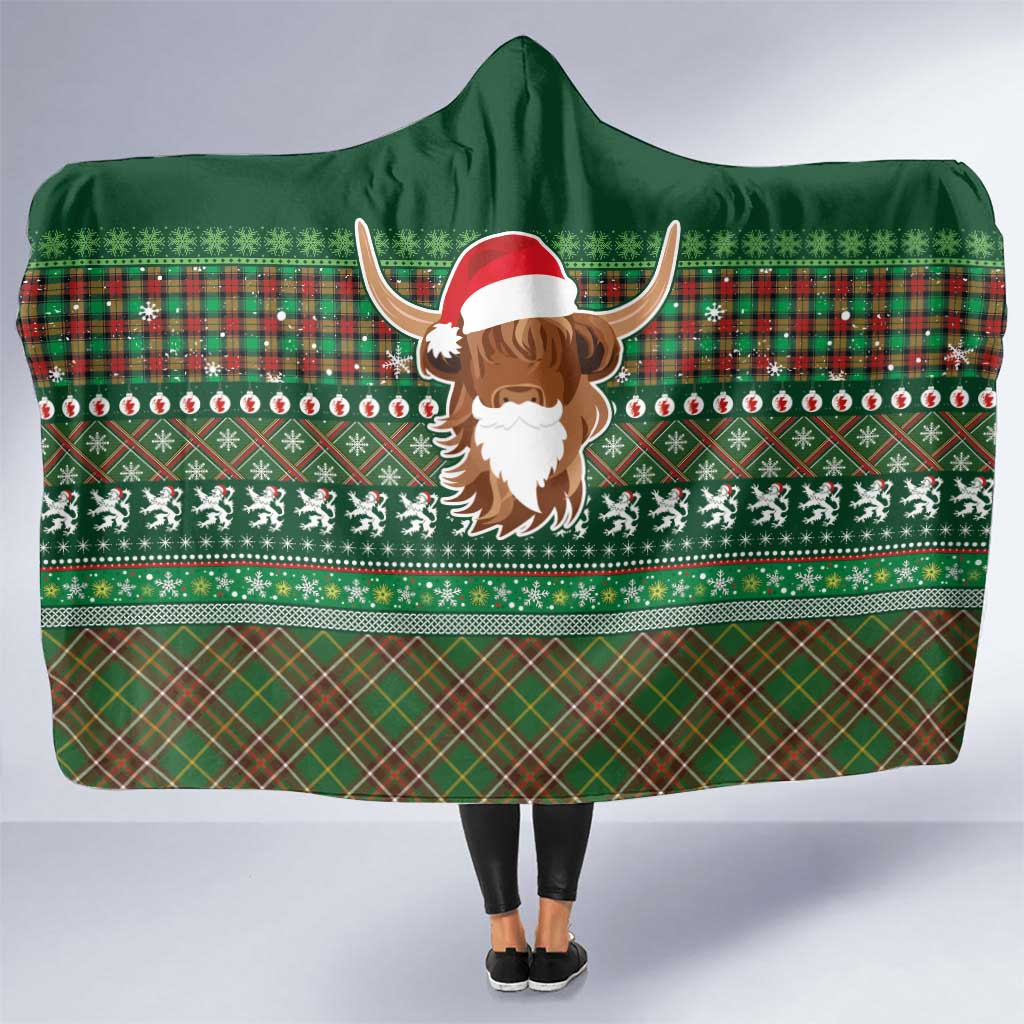 Scottish Christmas Hooded Blanket Highland Cattle-Xmas Tartan Stripes Style Green Color - Wonder Print Shop