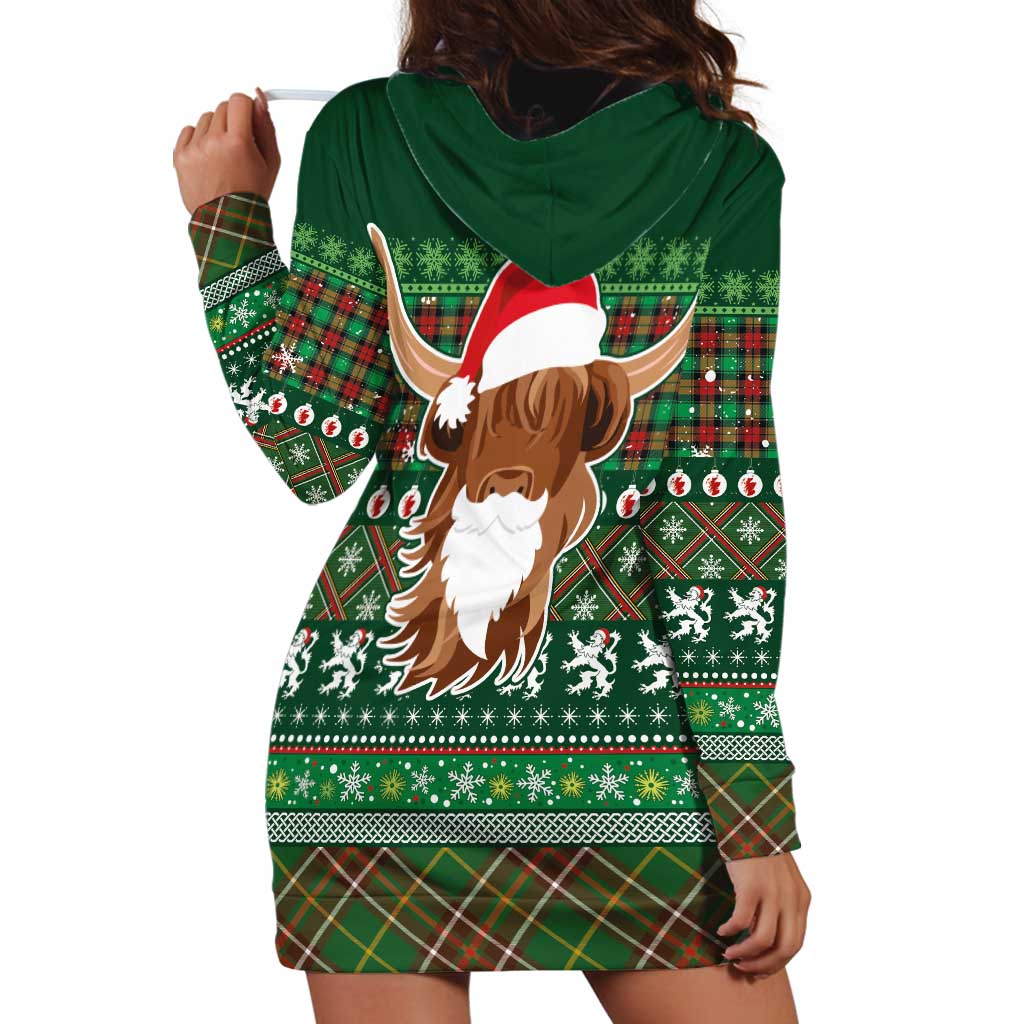 Scottish Christmas Hoodie Dress Highland Cattle-Xmas Tartan Stripes Style Green Color - Wonder Print Shop