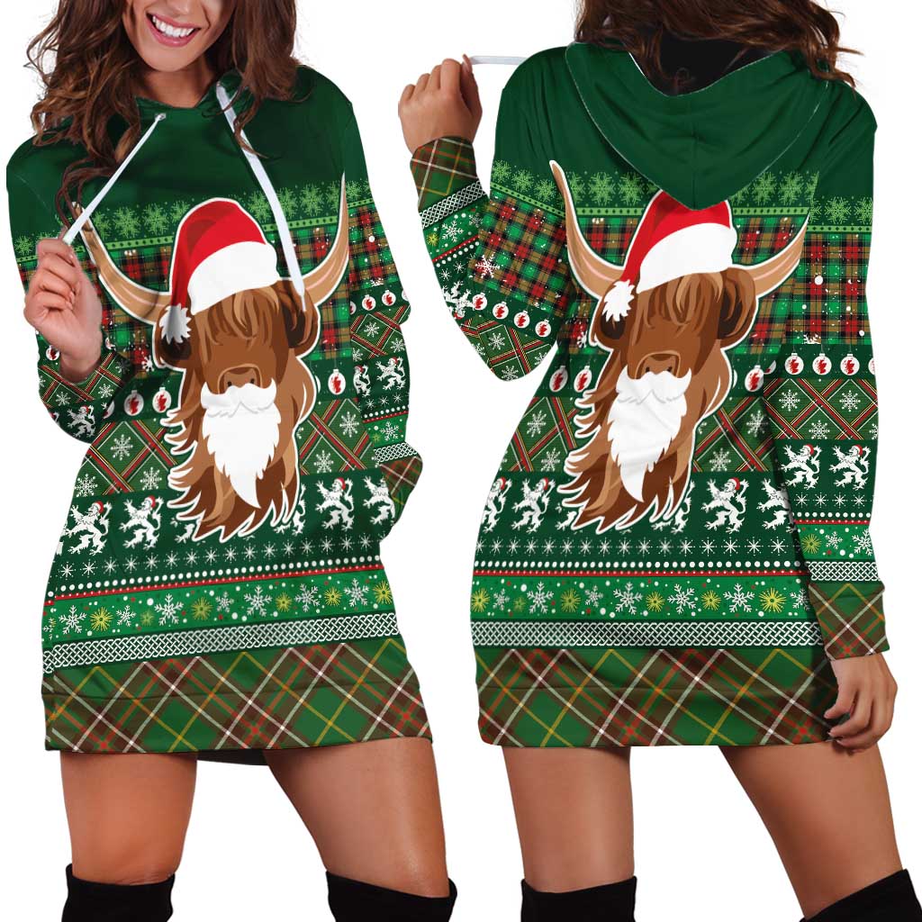 Scottish Christmas Hoodie Dress Highland Cattle-Xmas Tartan Stripes Style Green Color - Wonder Print Shop