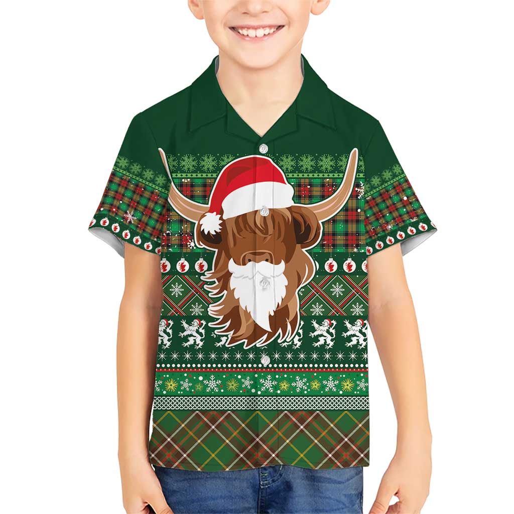 Scottish Christmas Kid Hawaiian Shirt Highland Cattle-Xmas Tartan Stripes Style Green Color - Wonder Print Shop