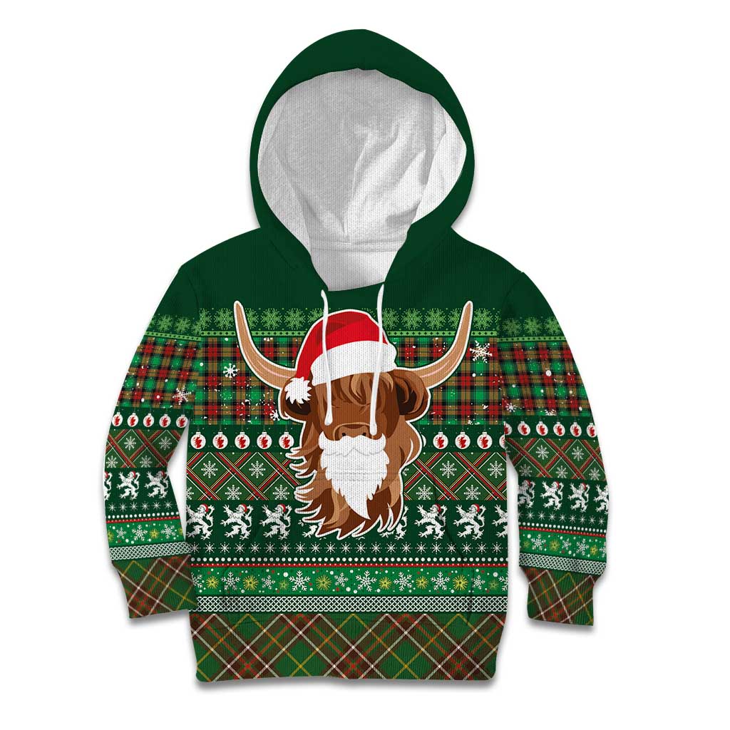 Scottish Christmas Kid Hoodie Highland Cattle-Xmas Tartan Stripes Style Green Color - Wonder Print Shop