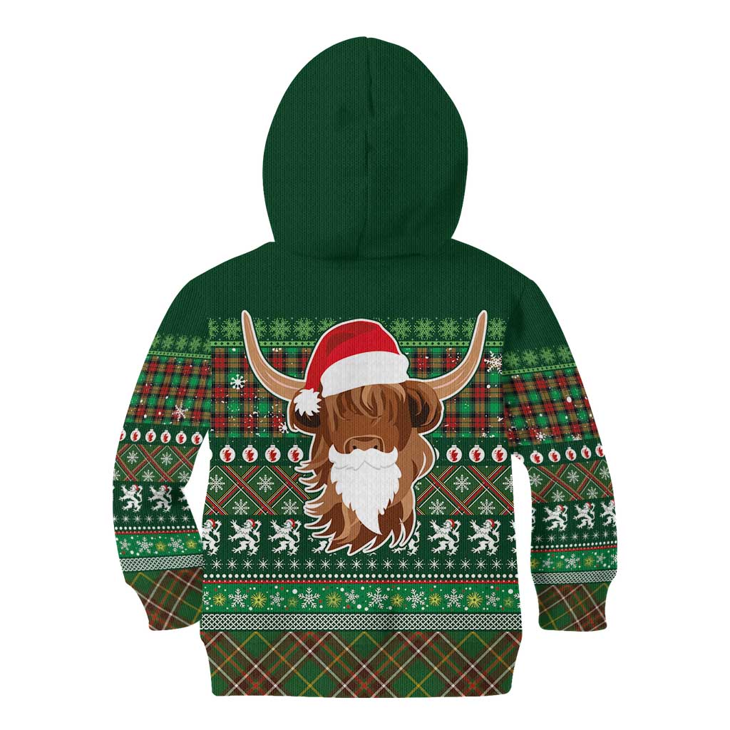 Scottish Christmas Kid Hoodie Highland Cattle-Xmas Tartan Stripes Style Green Color - Wonder Print Shop