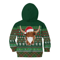 Scottish Christmas Kid Hoodie Highland Cattle-Xmas Tartan Stripes Style Green Color - Wonder Print Shop