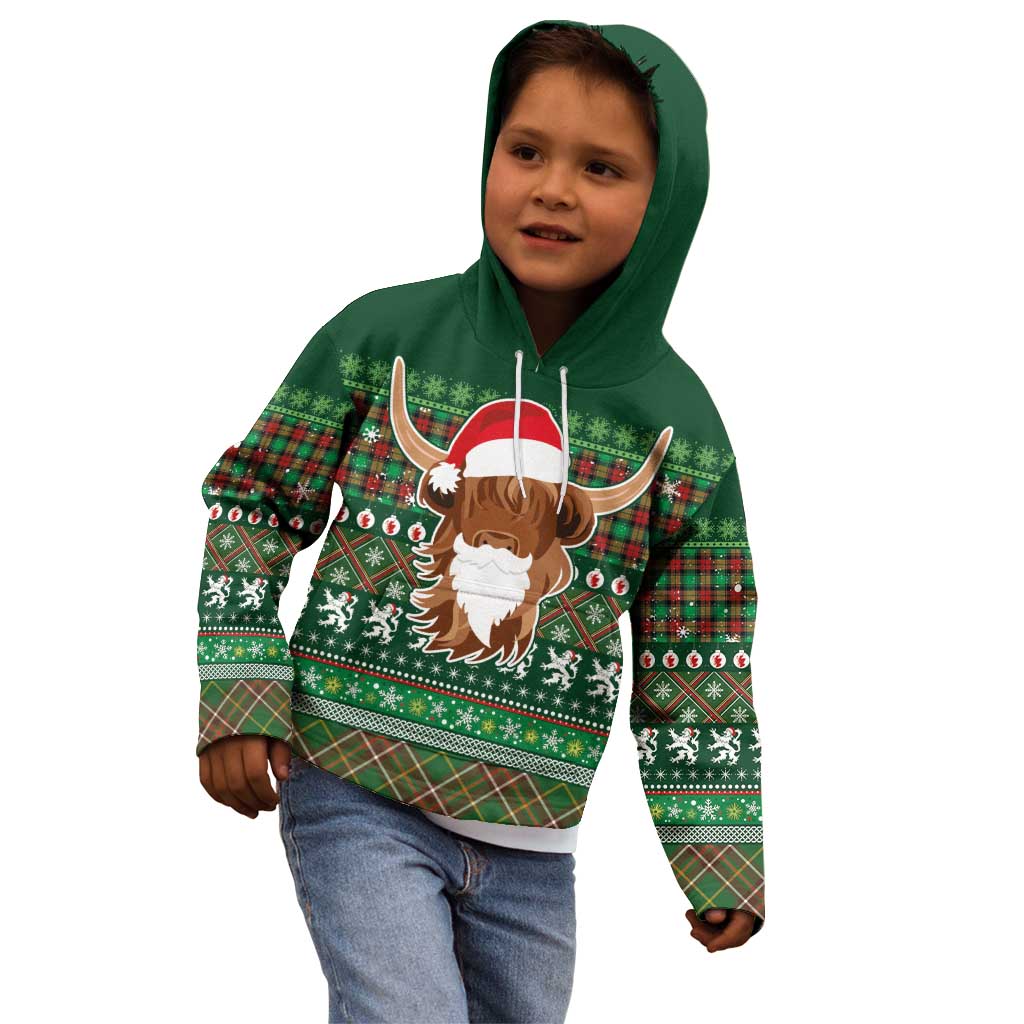 Scottish Christmas Kid Hoodie Highland Cattle-Xmas Tartan Stripes Style Green Color - Wonder Print Shop