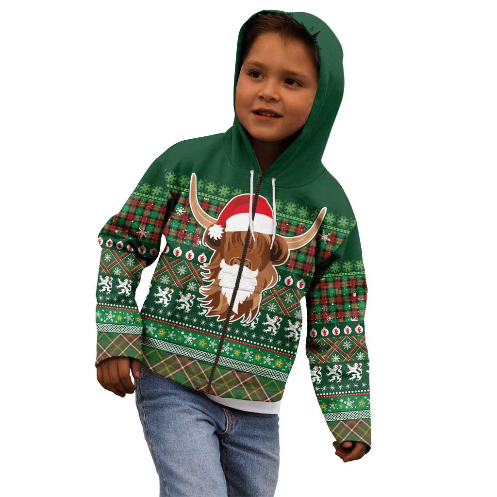 Scottish Christmas Kid Hoodie Highland Cattle-Xmas Tartan Stripes Style Green Color - Wonder Print Shop