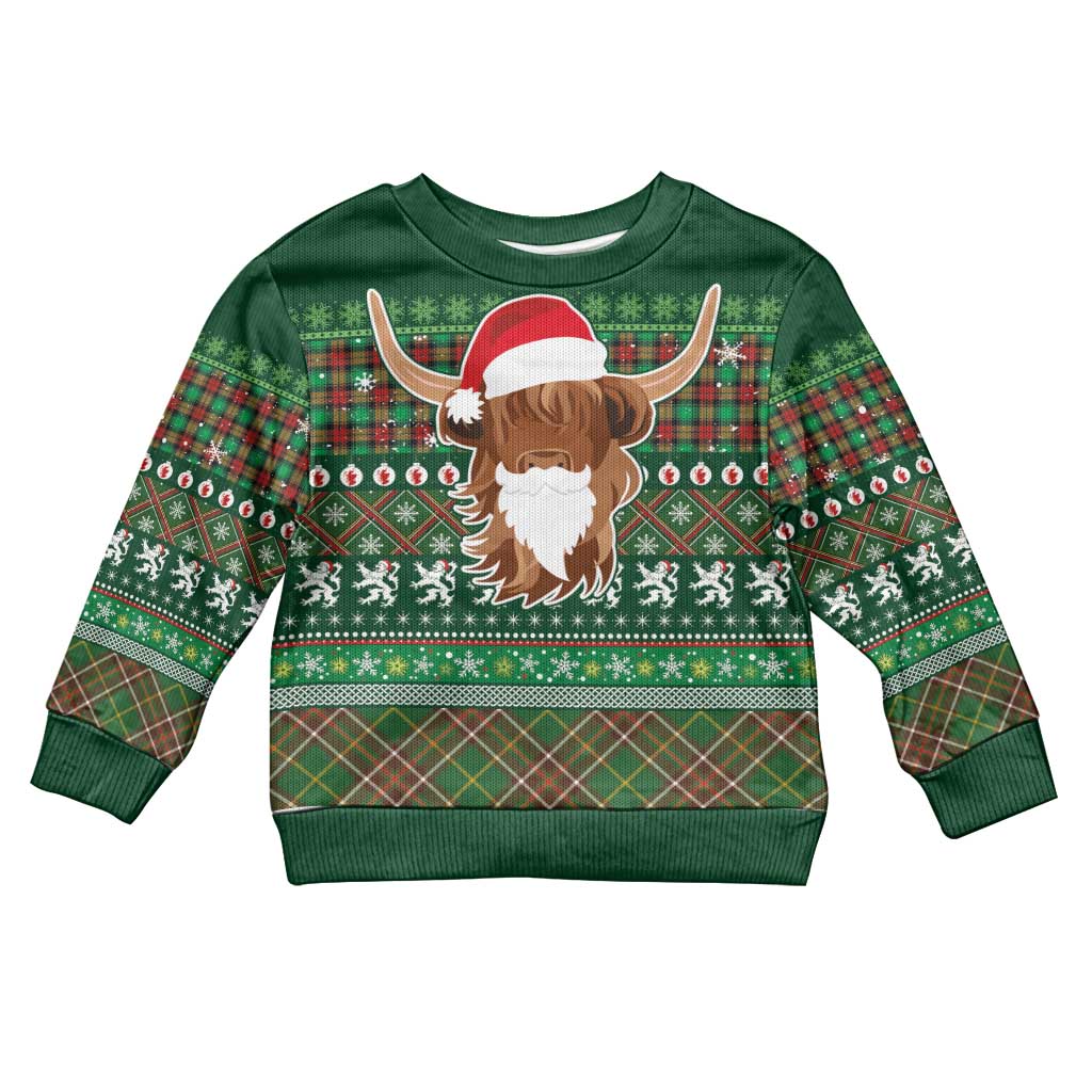 Scottish Christmas Kid Ugly Christmas Sweater Highland Cattle-Xmas Tartan Stripes Style Green Color - Wonder Print Shop