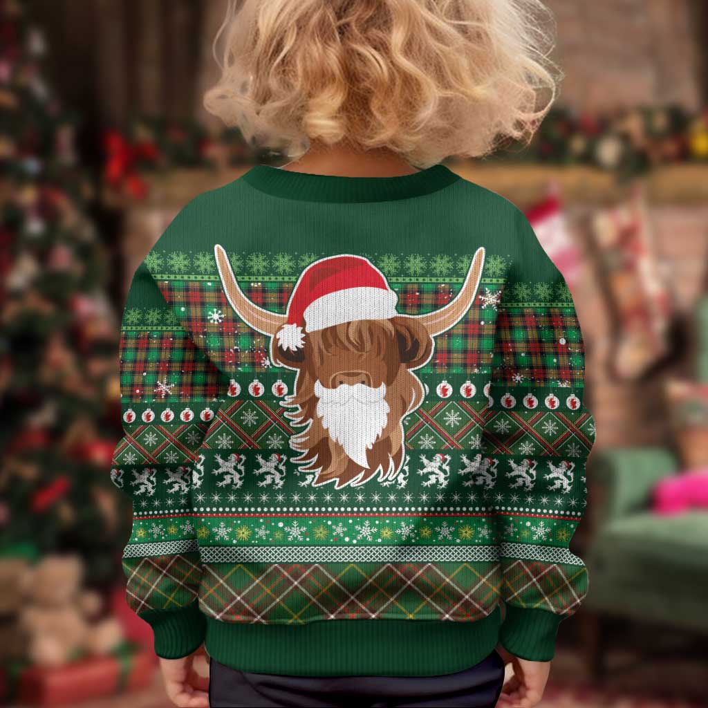 Scottish Christmas Kid Ugly Christmas Sweater Highland Cattle-Xmas Tartan Stripes Style Green Color - Wonder Print Shop