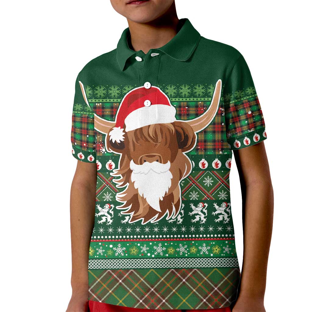 Scottish Christmas Kid Polo Shirt Highland Cattle-Xmas Tartan Stripes Style Green Color - Wonder Print Shop