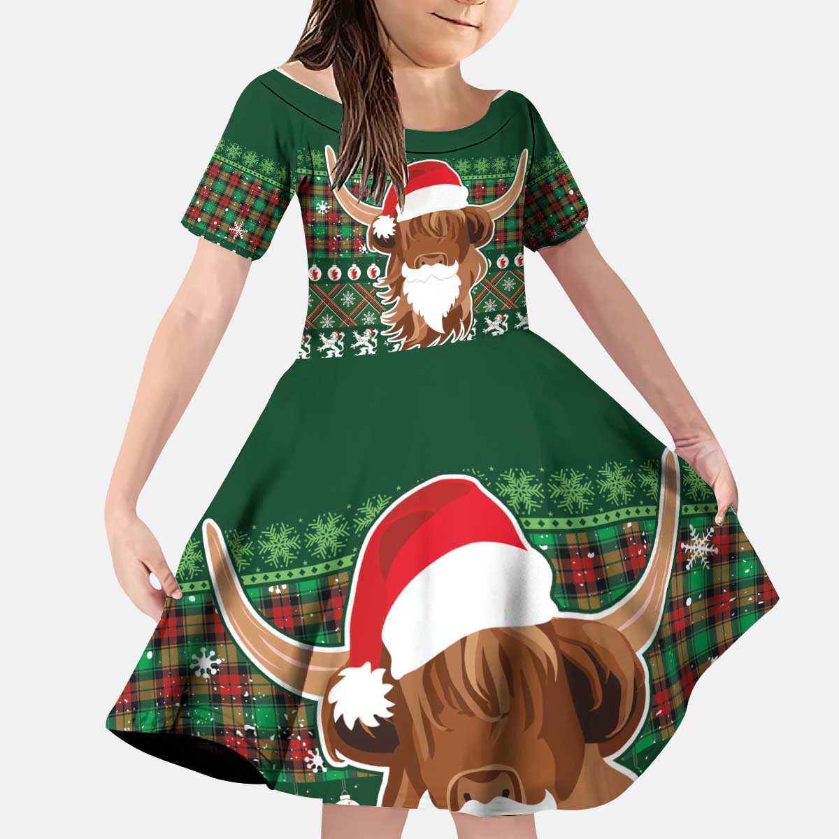 Scottish Christmas Kid Short Sleeve Dress Highland Cattle-Xmas Tartan Stripes Style Green Color - Wonder Print Shop