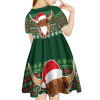 Scottish Christmas Kid Short Sleeve Dress Highland Cattle-Xmas Tartan Stripes Style Green Color - Wonder Print Shop