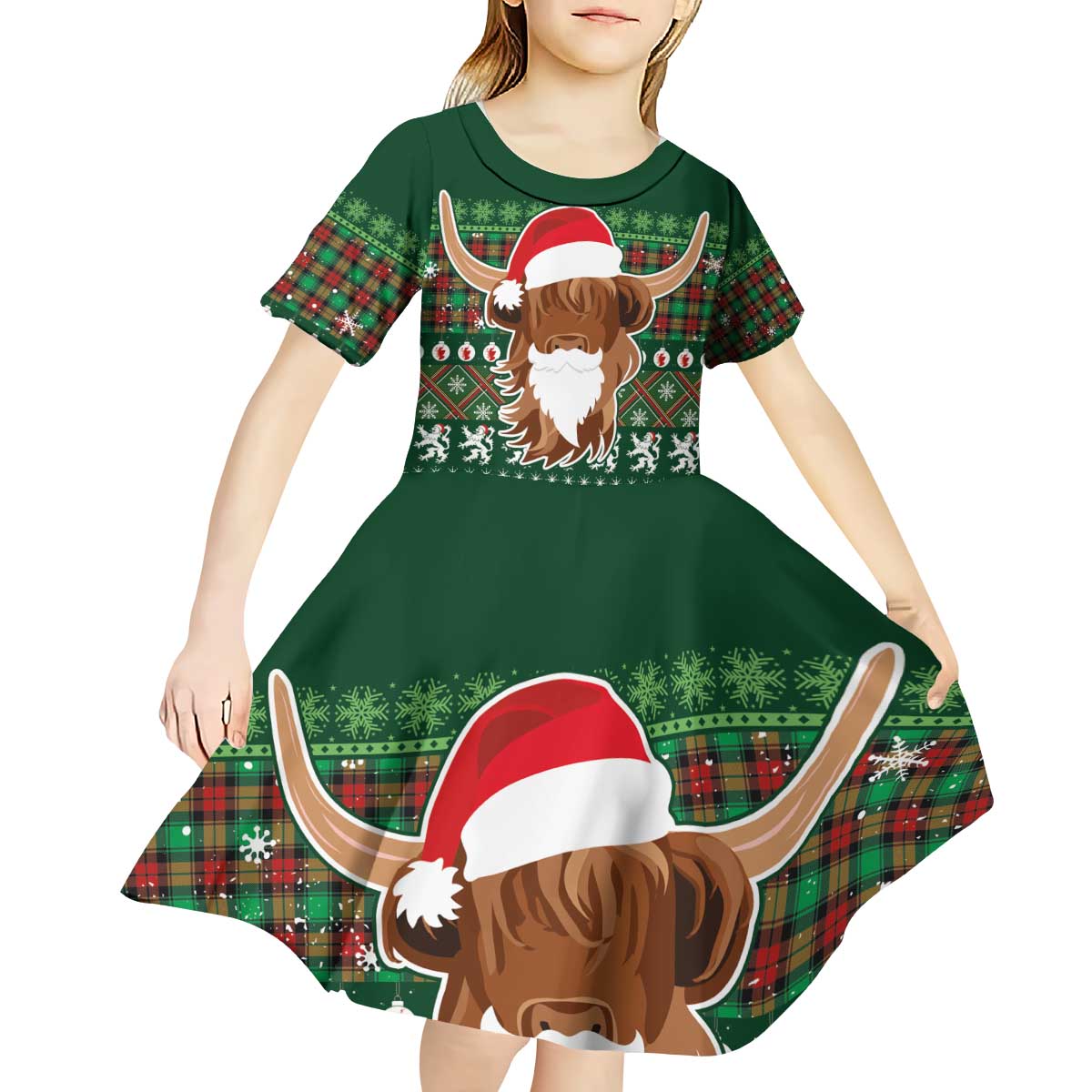 Scottish Christmas Kid Short Sleeve Dress Highland Cattle-Xmas Tartan Stripes Style Green Color - Wonder Print Shop