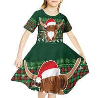 Scottish Christmas Kid Short Sleeve Dress Highland Cattle-Xmas Tartan Stripes Style Green Color - Wonder Print Shop