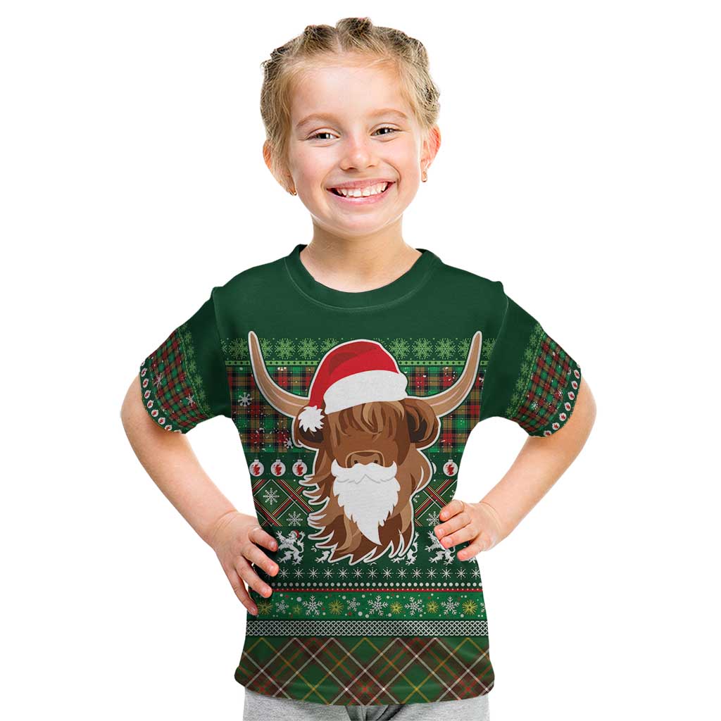 Scottish Christmas Kid T Shirt Highland Cattle-Xmas Tartan Stripes Style Green Color - Wonder Print Shop