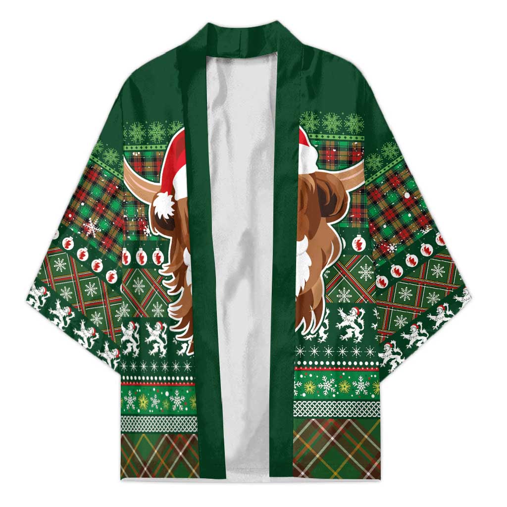 Scottish Christmas Kimono Highland Cattle-Xmas Tartan Stripes Style Green Color - Wonder Print Shop