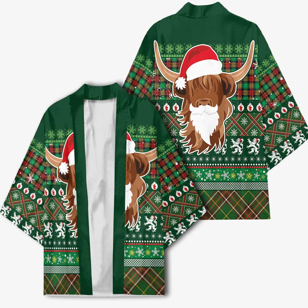 Scottish Christmas Kimono Highland Cattle-Xmas Tartan Stripes Style Green Color - Wonder Print Shop