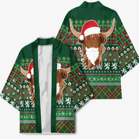 Scottish Christmas Kimono Highland Cattle-Xmas Tartan Stripes Style Green Color - Wonder Print Shop