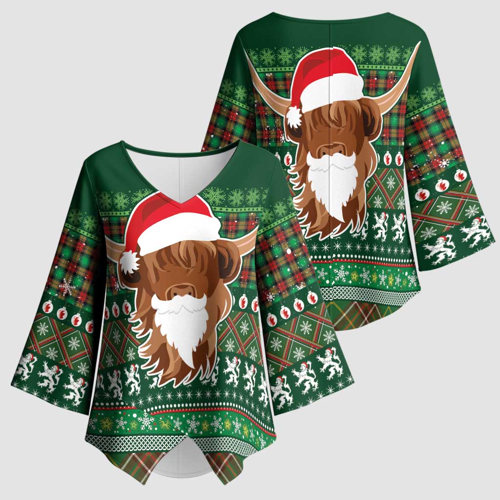 Scottish Christmas Kimono Sleeve Blouse Highland Cattle-Xmas Tartan Stripes Style Green Color - Wonder Print Shop