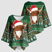 Scottish Christmas Kimono Sleeve Blouse Highland Cattle-Xmas Tartan Stripes Style Green Color - Wonder Print Shop