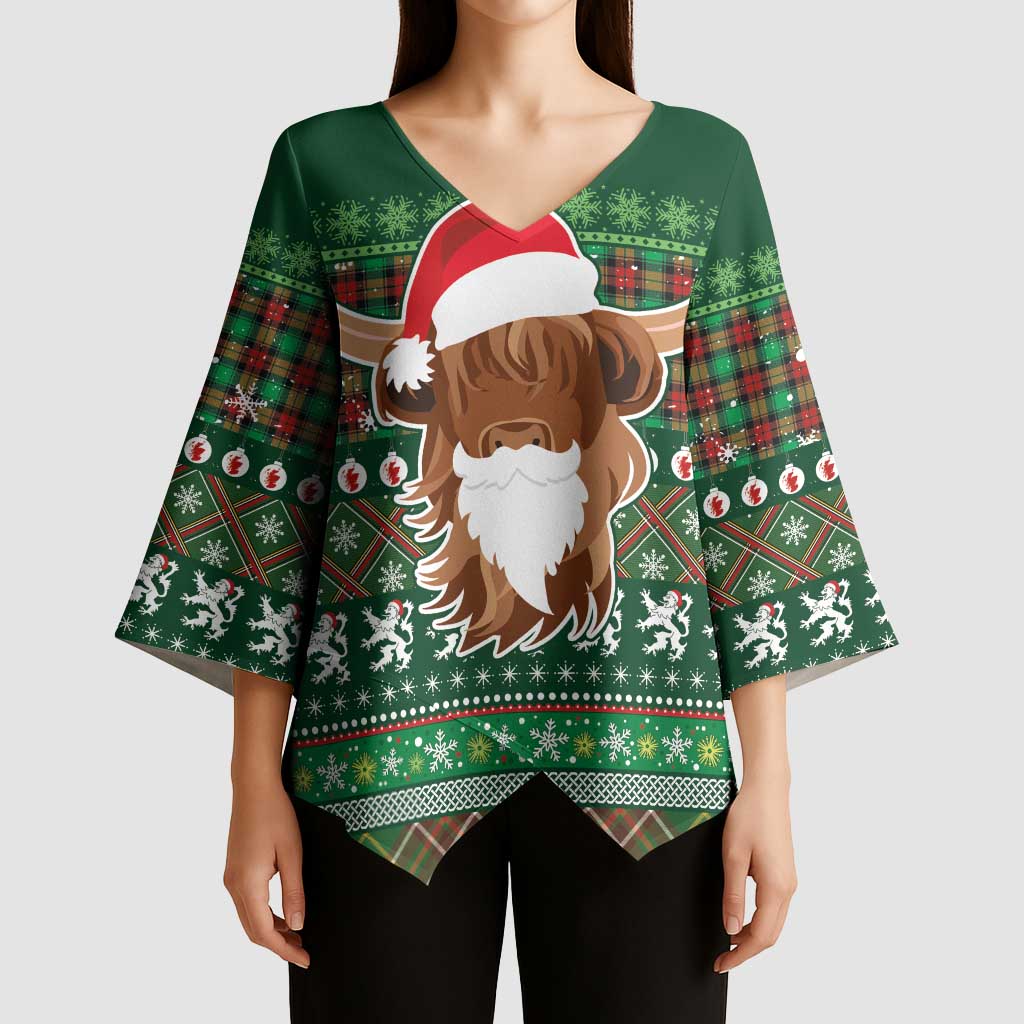 Scottish Christmas Kimono Sleeve Blouse Highland Cattle-Xmas Tartan Stripes Style Green Color - Wonder Print Shop